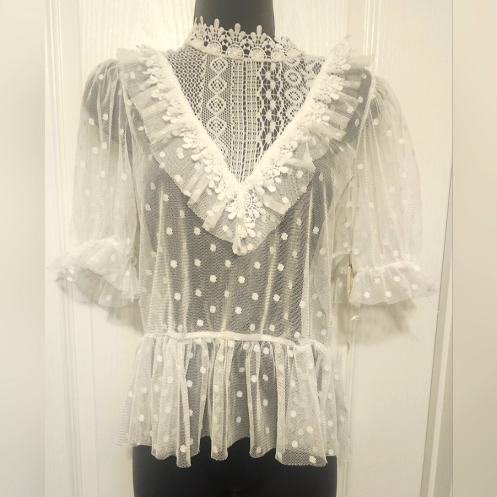 Blashe Chic White Lace Polka Dot Blouse Size LARGE NWT
